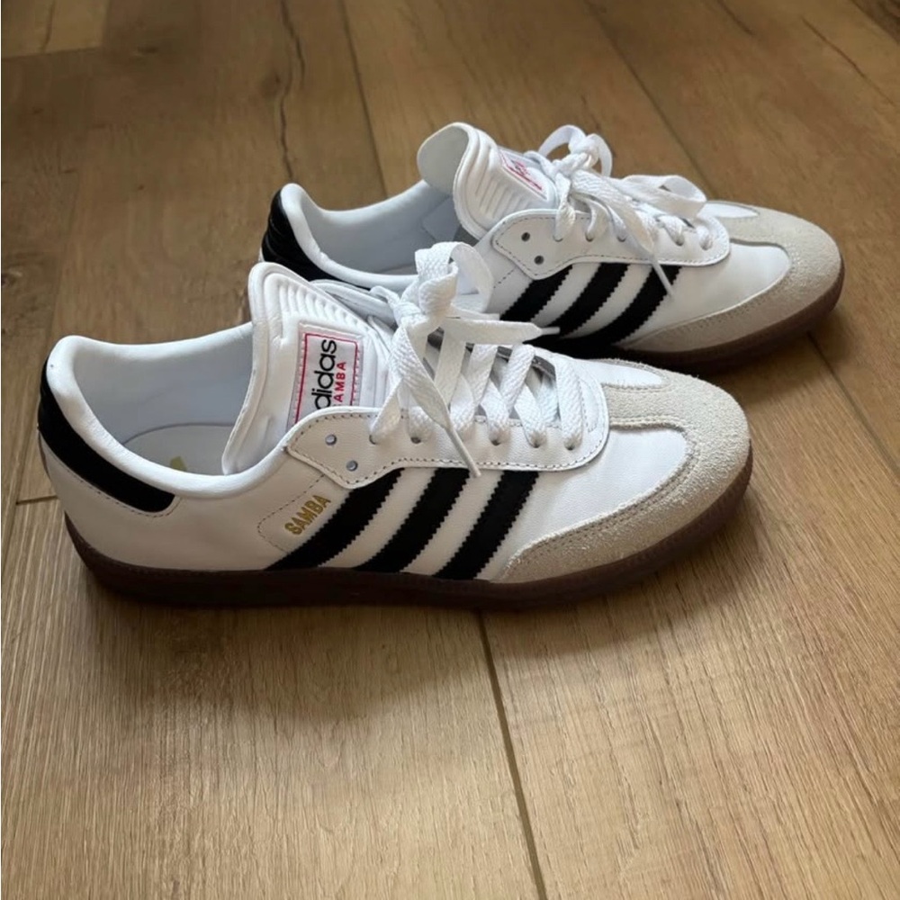 Adidas Women's White and Black Sneakers with Gum Sole